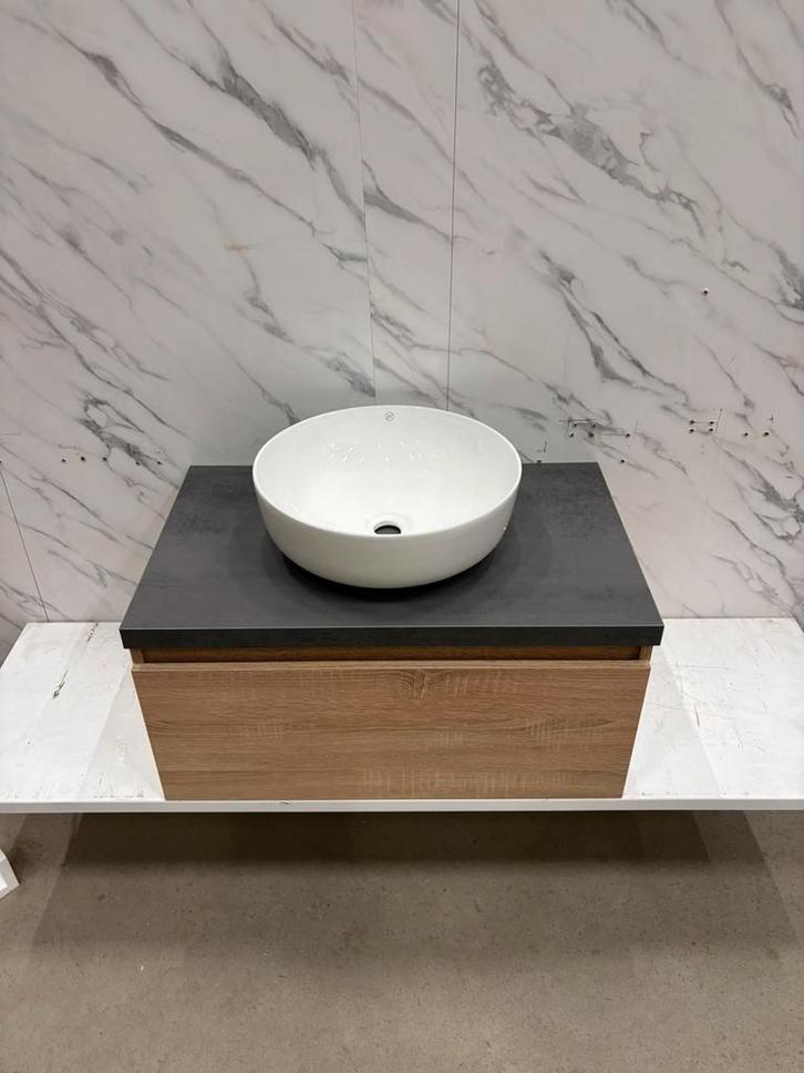 Badmeubel 75cm natuur eiken incl topblad en ker. waskom, Huis en Inrichting, Badkamer | Badkamermeubels, Nieuw, Wastafelkast, Minder dan 100 cm