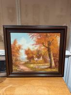 Vintage handgemaakt schilderij | herfst huisje in bos, Schilderij, Ophalen of Verzenden, Zo goed als nieuw, 50 tot 75 cm