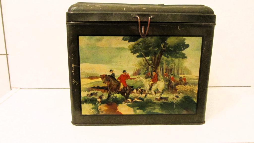 Jachttafreel, oud blik, Verzamelen, Blikken, Ophalen of Verzenden, Gebruikt, Koek(jes)