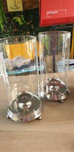 2 glazen stolp kaarsenstandaard zilverkleurig 34,5 cm hoog, Overige materialen, Zo goed als nieuw, Ophalen, 25 tot 50 cm