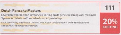 Dutch Pancake Masters. Amsterdam. 20% korting. Bon nr 111., Tickets en Kaartjes, Kortingen en Cadeaubonnen, Drie personen of meer