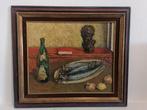 Stilleven met vis, fles en borstbeeld – Olie op doek, Antiek en Kunst, Ophalen