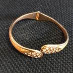 Vintage goudkleurige open armband leer en zirkonia steentjes, Met kristal, Overige materialen, Verzenden, Zo goed als nieuw