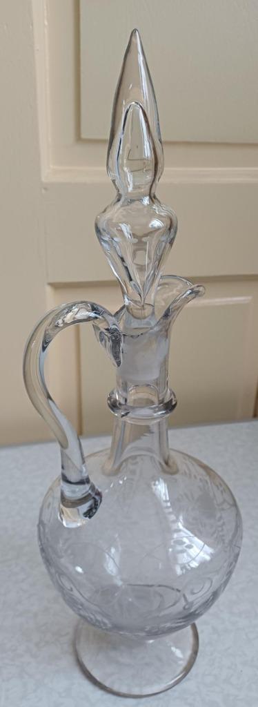 Antieke gave geetste karaf met handgreep, Antiek en Kunst, Antiek | Glas en Kristal, Ophalen of Verzenden