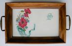 Oud houten dienblad met borduursel onder glasplaat, Ophalen of Verzenden, Rechthoekig, Hout