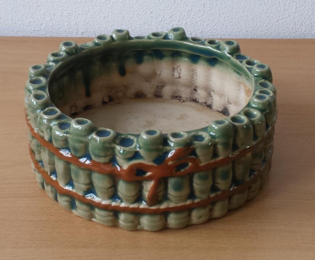 Groen Plantenbakje Bamboe - geglazuurd aardewerk, Gebruikt, Rond, Binnen, Ophalen of Verzenden