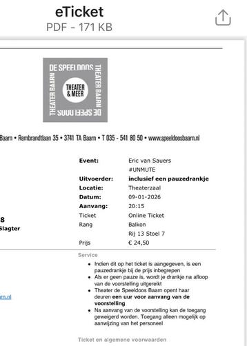 3 tickets Erik van Sauers, Baarn 9 januari beschikbaar voor biedingen