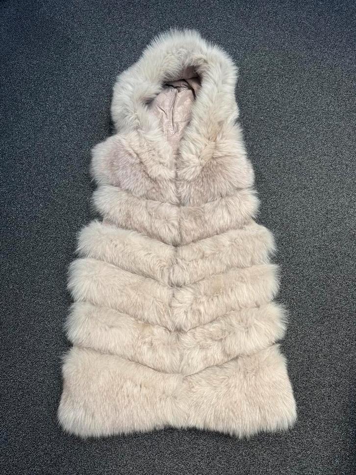 Creme beige vossenbont bodywarmer maat 36/38 met capuchon, Kleding | Dames, Bodywarmers, Zo goed als nieuw, Maat 36 (S), Beige