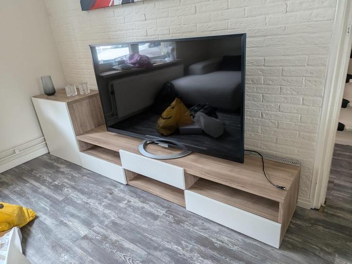 TV-meubel set 2-delig – houtlook/wit met 3 lades, Huis en Inrichting, Kasten | Televisiemeubels, Zo goed als nieuw, Minder dan 100 cm