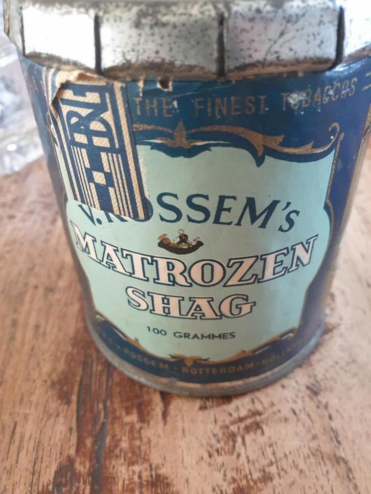 Vintage Van Rossem's Matrozen Shag Tabaksblik, Verzamelen, Rookartikelen, Aanstekers en Luciferdoosjes, Gebruikt, Ophalen of Verzenden