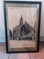 Grote ingelijste tekening stadhuis met groote kerk Arnhem, Antiek en Kunst, Ophalen of Verzenden