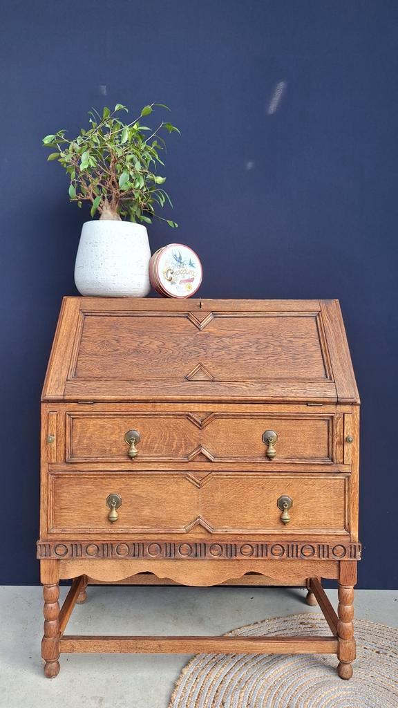 Vintage brocante eiken secretaire, bureau, landelijke desk, Huis en Inrichting, Kasten | Secretaires, Gebruikt, Ophalen