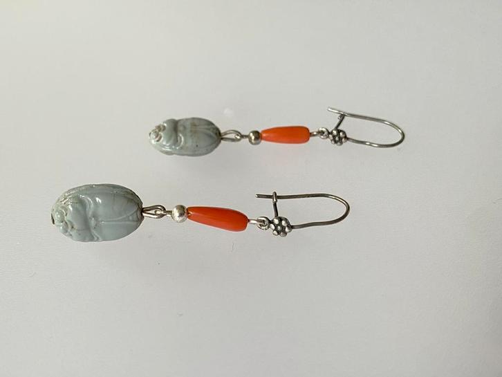 Oorbellen antiek bloedkoraal zilver scarabee, Sieraden, Tassen en Uiterlijk, Kettingen, Zo goed als nieuw, Zilver, Verzenden