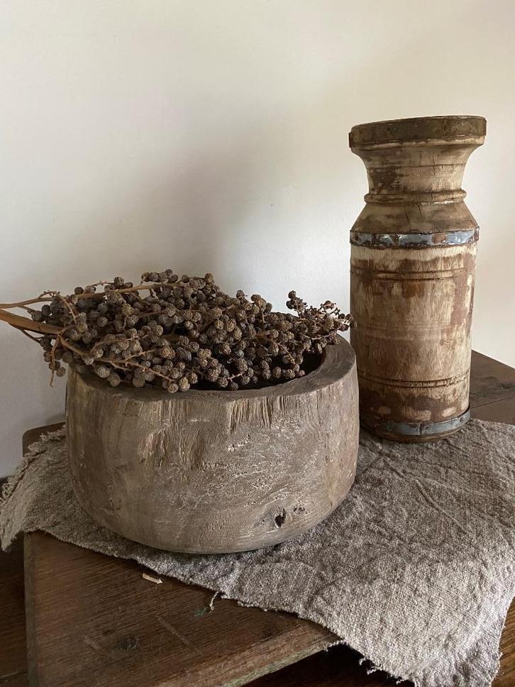 Landelijke robuuste houten kandelaar en schaal, Huis en Inrichting, Woonaccessoires | Kandelaars en Kaarsen, Nieuw, Kandelaar