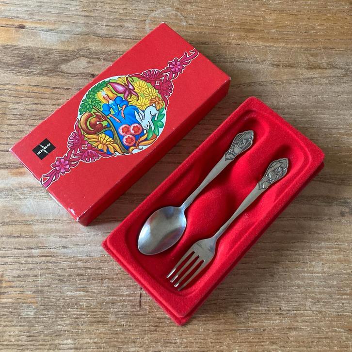 Vintage kindercouvert Gero verzilverd Sneeuwwitje vork lepel, Antiek en Kunst, Antiek | Bestek, Ophalen of Verzenden