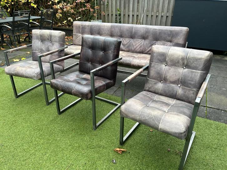 Leren eethoekbank met 3 stoelen, Huis en Inrichting, Stoelen, Gebruikt, Leer, Bruin, Ophalen of Verzenden