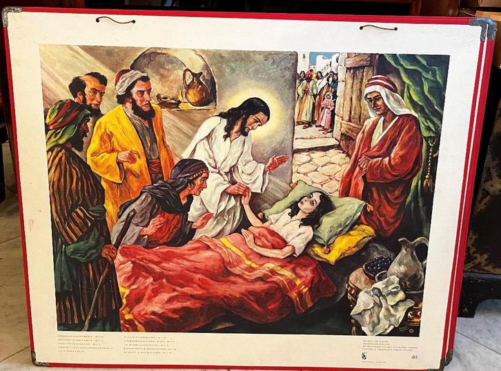 Oude schoolplaat nr.40: Jairus dochtertje, Antiek en Kunst, Antiek | Schoolplaten, Natuur en Biologie, Ophalen