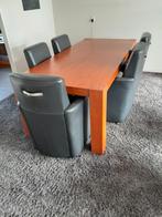 EIKEN TAFEL KERSEN KLEUR INCL 5 LEREN STOELEN, Ophalen, Gebruikt, 100 tot 150 cm, Eikenhout