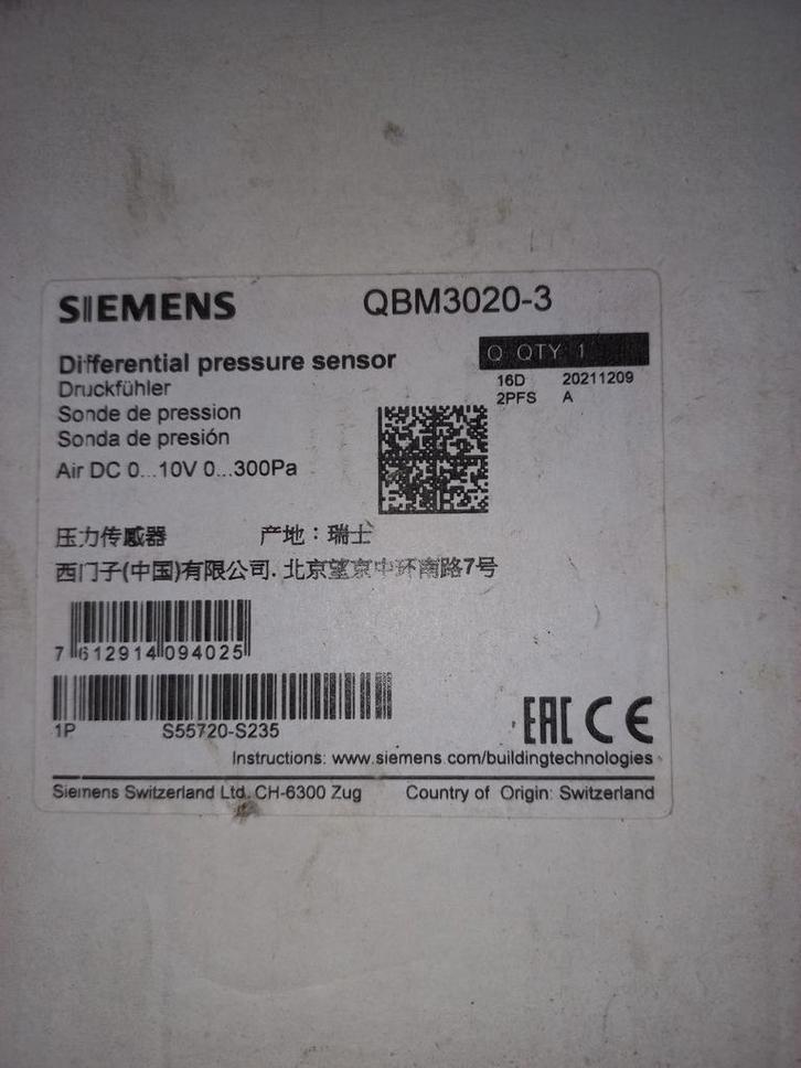 Siemens QBM3020-3 Drukverschilopnemer - Nieuw in doos, Hobby en Vrije tijd, Elektronica-componenten, Ophalen of Verzenden