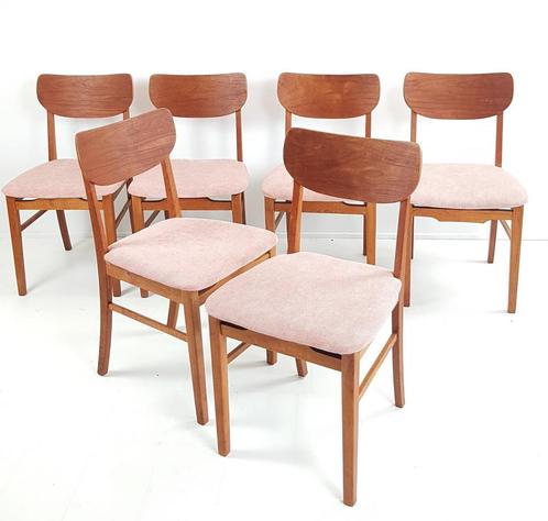 vintage teak houten stoelen 6 stuks roze rib, Huis en Inrichting, Stoelen, Gebruikt, Vijf, Zes of meer stoelen, Overige kleuren