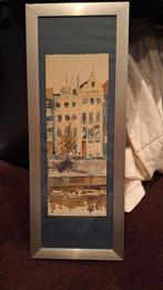 Aquarel stadsgezicht grachten panden Amsterdam, Metaal of Aluminium, Ophalen of Verzenden, Zo goed als nieuw, Minder dan 50 cm