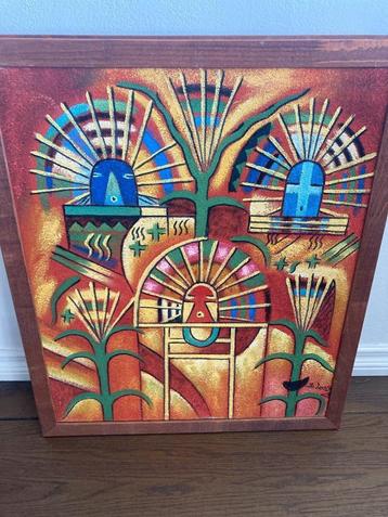 Olieverf schilderij van Harry Belong thema Azteken jaren 70