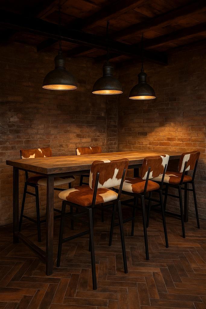 Stijlvolle Bistro Barkruk Koeienhuid - Pakhuis21, Huis en Inrichting, Barkrukken, Nieuw, Hout, Leer, Metaal, Ophalen of Verzenden