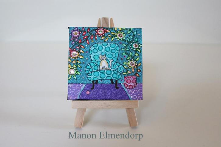 Handgeschilderd Schilderijtje met Ezeltje Uniek Kat op Stoel, Antiek en Kunst, Kunst | Schilderijen | Modern, Ophalen of Verzenden