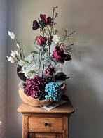 Kunstbloemen met teakhouten schaal, Ophalen of Verzenden, Gebruikt, Binnen