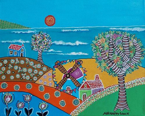 Schilderij Dorpje aan zee in vrolijk acryl op canvas, Antiek en Kunst, Kunst | Schilderijen | Modern, Ophalen of Verzenden