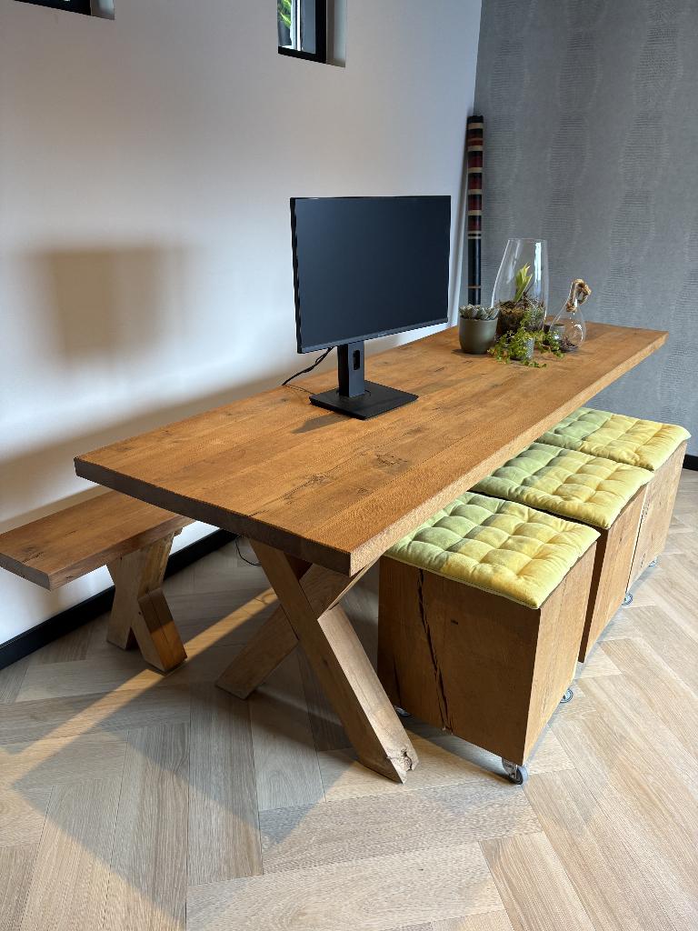 Moderne massief eikenhouten tafel met bijpassende bank, Ophalen, Eikenhout, 200 cm of meer, 50 tot 100 cm