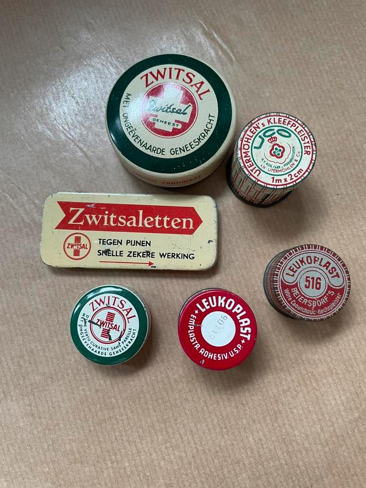 6 Leuke Oude blikjes, Zwitsal, Leukoplast, Brocante, Doosjes, Verzamelen, Blikken, Zo goed als nieuw, Overige, Overige merken