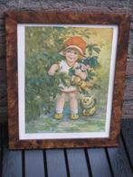 Vintage Prent in Houten Lijst - Meisje Pop Teddybeer Hond, Verzenden