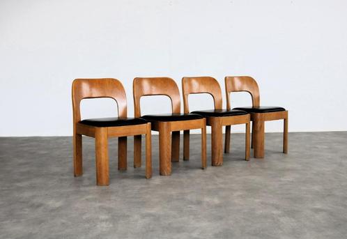 vintage eetkamerstoelen | stoelen | jaren 60 | eiken, Huis en Inrichting, Stoelen, Gebruikt, Vier, Hout, Leer, Bruin, Ophalen of Verzenden