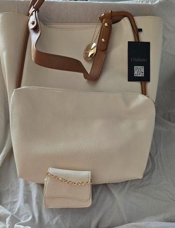Giuliano Shopper Crème/Wit Cognac + Mini Etui - Nieuw beschikbaar voor biedingen