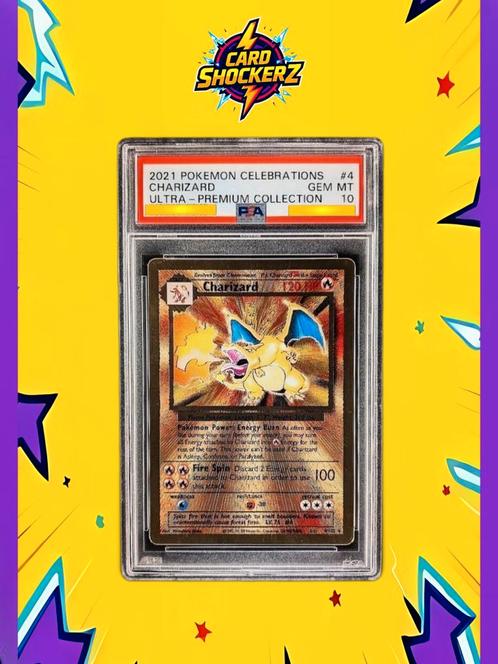 🟣 PSA 10 Charizard Gold Metal upc #4 Celebrations Promo! 🟣, Hobby en Vrije tijd, Verzamelkaartspellen | Pokémon, Nieuw, Losse kaart