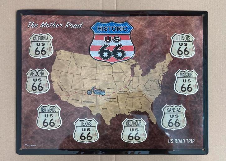 Landkaart usa vs Amerika Route 66 plattegrond wandbord, Verzamelen, Merken en Reclamevoorwerpen, Nieuw, Reclamebord, Ophalen of Verzenden