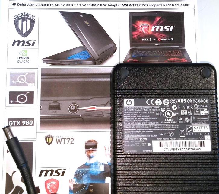 Delta ADP-230CB MSI WT72 GT72 Adapter Lader 19.5V 11.8A 230W, Computers en Software, Laptop-opladers, Zo goed als nieuw, Ophalen of Verzenden