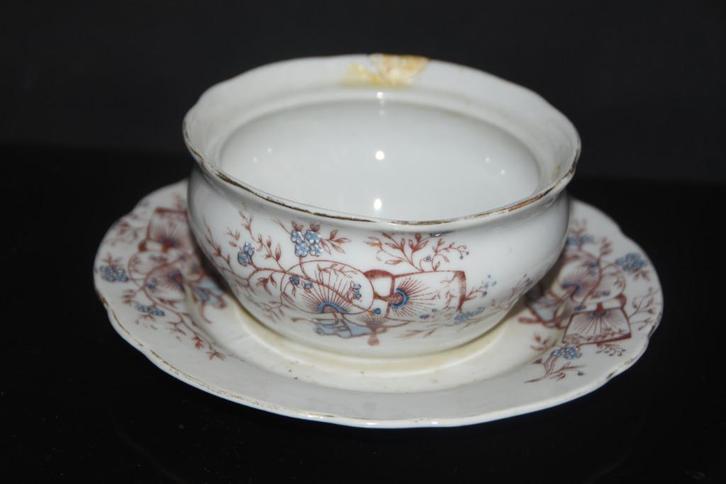 Antieke botervloot met bloemen & waaiers bloempot, Antiek en Kunst, Antiek | Servies los, Ophalen of Verzenden