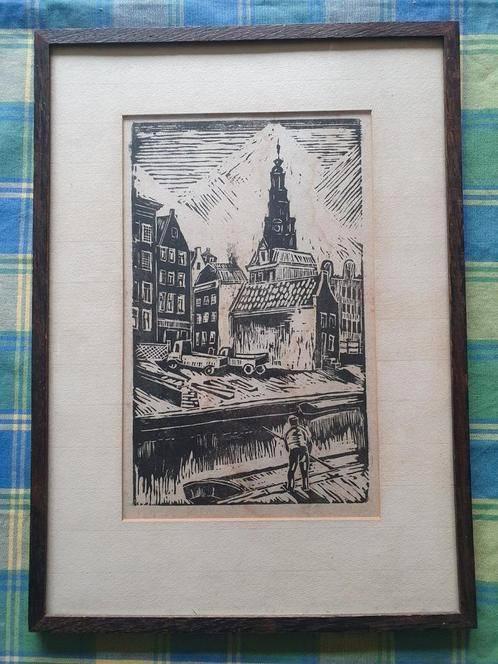 Houtsnede Amsterdam bouwlocatie bij kerk aan gracht. Damrak, Antiek en Kunst, Kunst | Etsen en Gravures, Ophalen