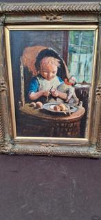 Schilderij: Kind schilt aardappelen, Antiek en Kunst, Ophalen of Verzenden