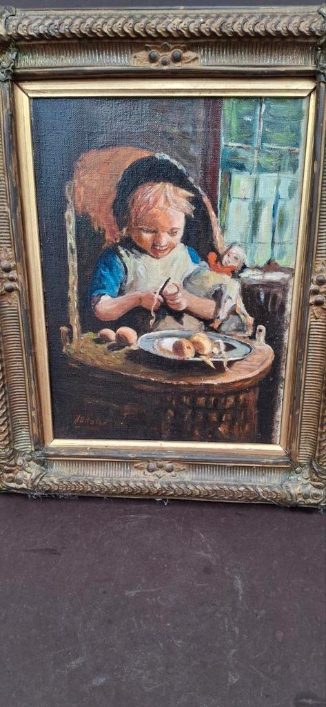 Schilderij: Kind schilt aardappelen, Antiek en Kunst, Kunst | Schilderijen | Klassiek, Ophalen of Verzenden