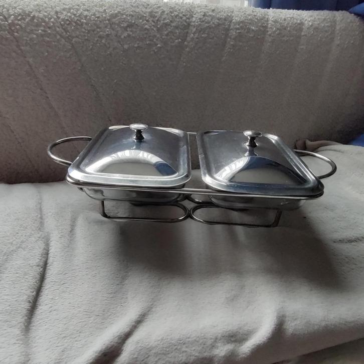 Dubbele rechaud/shaving dish verzilverd., Huis en Inrichting, Keuken | Servies, Zo goed als nieuw, Schaal of Schalen, Overige stijlen