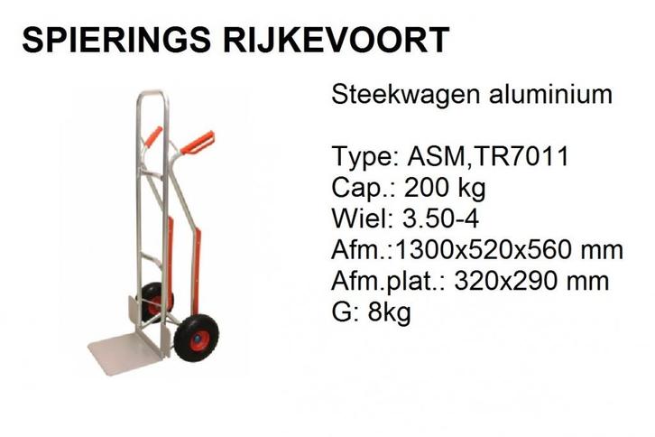 Steekwagen aluminium 200 kg Spierings Rijkevoort, Doe-het-zelf en Verbouw, Gereedschap | Handgereedschap, Nieuw, Ophalen of Verzenden
