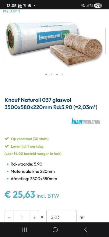 Knauf Glaswol Isolatie 22cm +- 15m2 beschikbaar voor biedingen