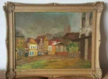 Oud Olieverf dorpsgezicht muziektent naieve kunst beschikbaar voor biedingen