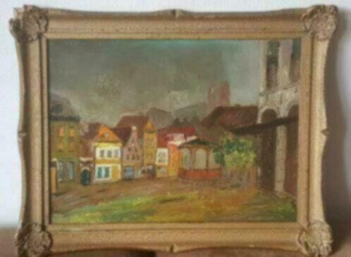 Oud Olieverf dorpsgezicht muziektent naieve kunst, Antiek en Kunst, Kunst | Schilderijen | Modern, Ophalen
