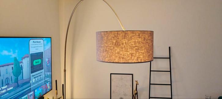 Gouden Booglamp, Huis en Inrichting, Lampen | Vloerlampen, Zo goed als nieuw, 150 tot 200 cm, Metaal, Stof, Ophalen