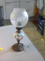 antieke tafellamp, glazen kapje, keramiek met roos., Antiek en Kunst, Antiek | Lampen, Ophalen of Verzenden