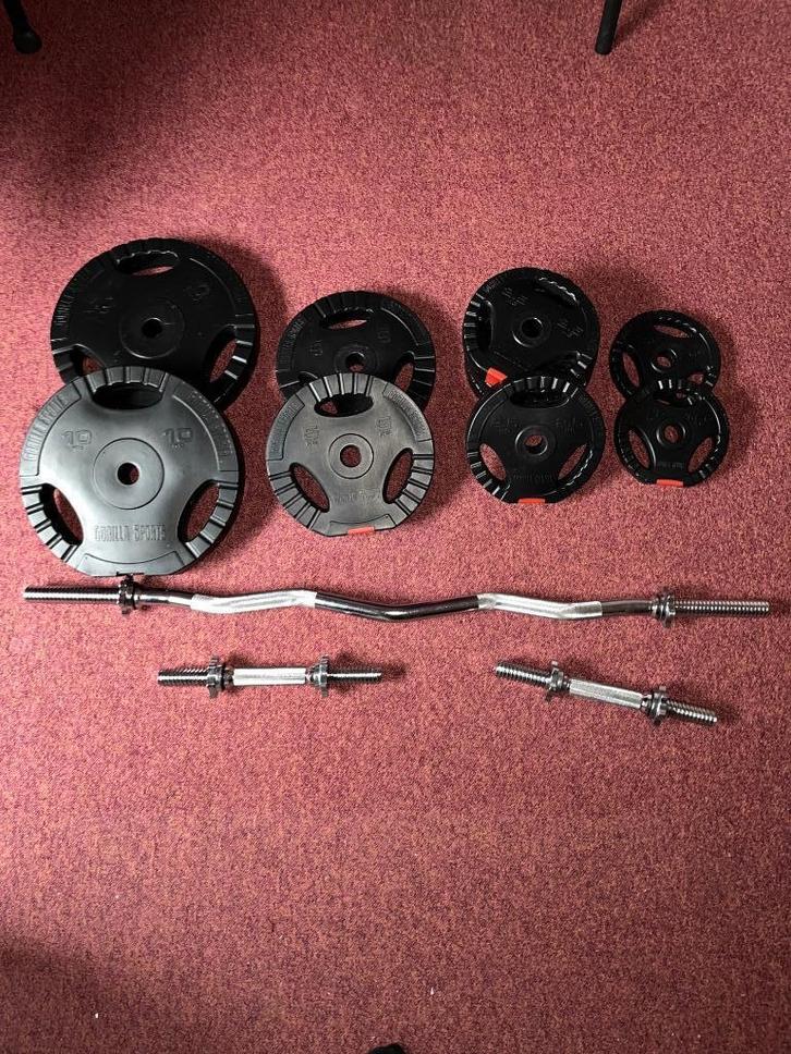 Gorilla Sports EZ-Curl halterset 70kg. Dumbells, Sport en Fitness, Fitnessmaterialen, Zo goed als nieuw, Halterset, Armen, Borst